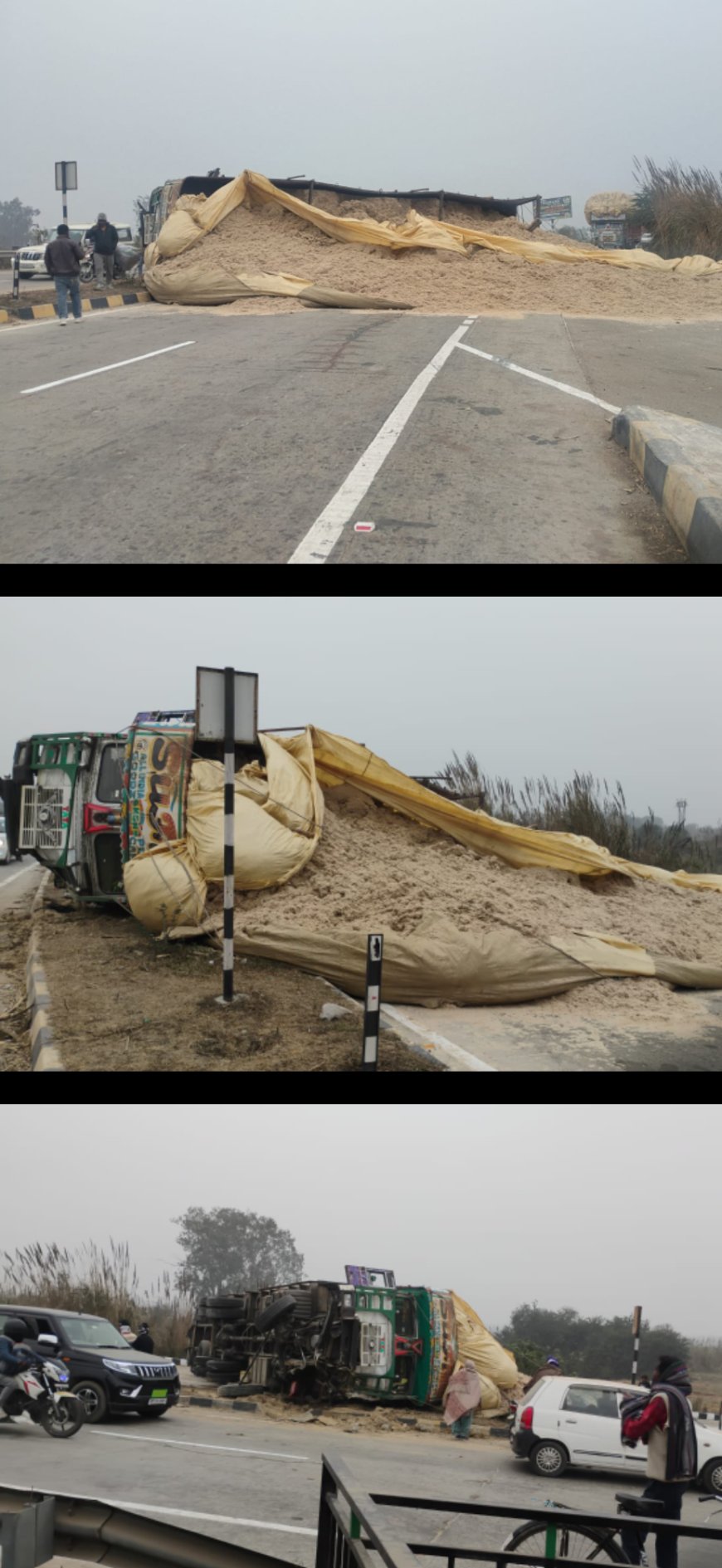 स्टीयरिंग रॉड टूटने से गन्ने की खोई से भरा ट्रक हाईवे पर पलटा, यातायात रहा बाधित